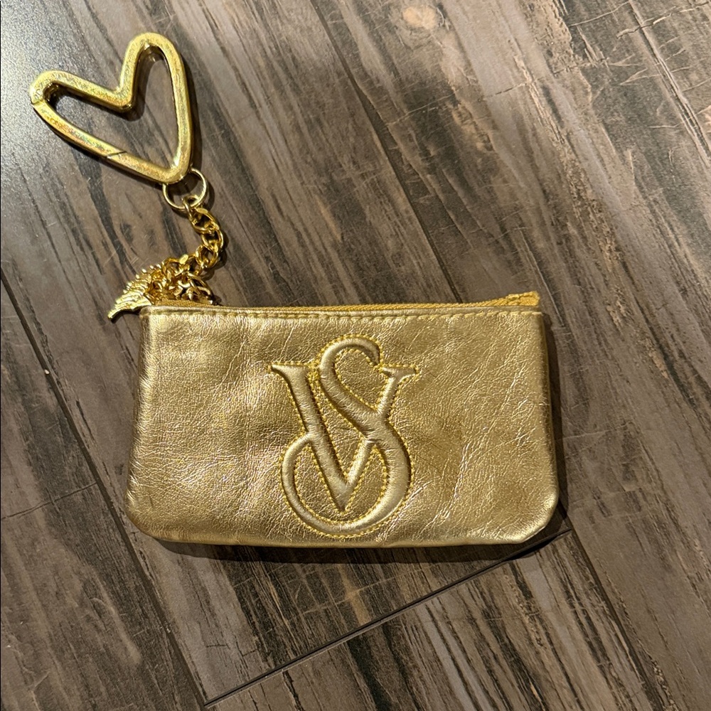Victoria's Secret Metallic Gold Zip Pouch with Heart Keyring